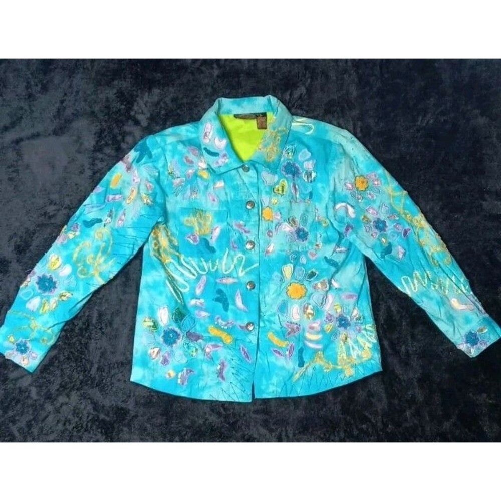 VTG Julia Kim Wearable Art Jacket L Teal Blue Embroidered Whimsical Maximalist